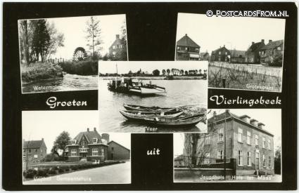 ansichtkaart: Vierlingsbeek, Watermolen - Grotestraat - Gemeentehuis - Huis ter Maas - Veer