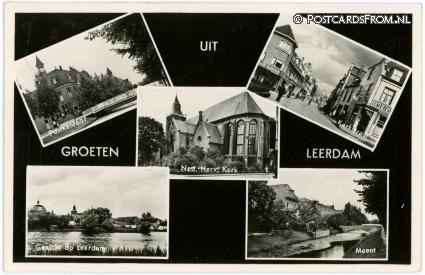 ansichtkaart: Leerdam, Postkantoor - Kerkstraat - N.H. Kerk - Meent