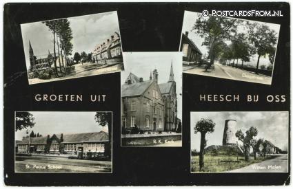 ansichtkaart: Heesch, Kerkstraat - Dorpstr. - R.K. Kerk - Petrus School - Witte Molen