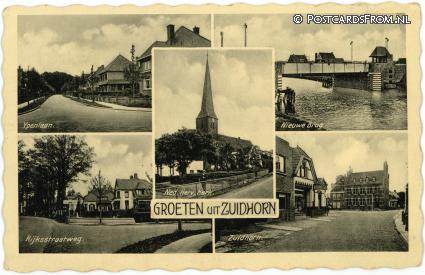 Zuidhorn, Ypenlaan - Nieuwe Brug - Rijkstraatweg - Ned. Herv. Kerk ansichtkaart: Zuidhorn, Ypenlaan - Nieuwe Brug - Rijkstraatweg - Ned. Herv. Kerk