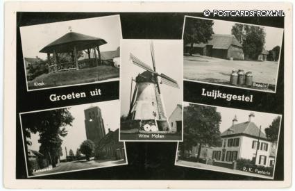 ansichtkaart: Luyksgestel, Kiosk - Boseind - Kerkstraat - Witte Molen - R.K. Pastorie