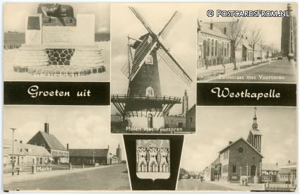 Westkapelle, Landingsmonument - Zuidstraat met Vuurtoren - Markt ansichtkaart: Westkapelle, Landingsmonument - Zuidstraat met Vuurtoren - Markt