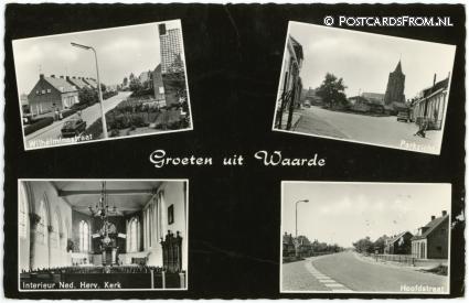 ansichtkaart: Waarde, Wilhelminastraat - Parkzicht - Int. N.H. Kerk - Hoofdstraat