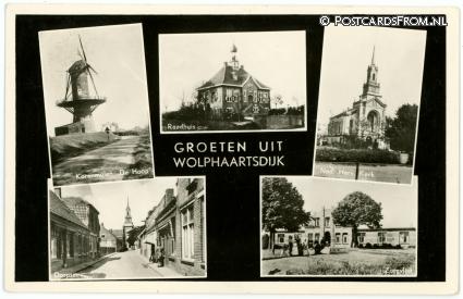 ansichtkaart: Wolphaartsdijk, Korenmolen - Raadhuis - N.H. Kerk - Dorpsstraat - Zorgvliet