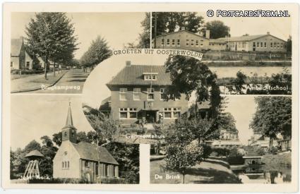 Oosterwolde FR, Brugkampweg - Ambachtschool - Gem. Huis - N.H. Kerk - De Brink ansichtkaart: Oosterwolde FR, Brugkampweg - Ambachtschool - Gem. Huis - N.H. Kerk - De Brink