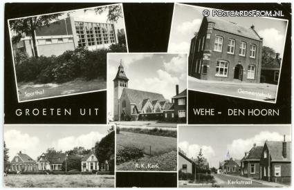 ansichtkaart: Wehe den Hoorn, Sporthal - Gemeentehuis - Kerkstraat