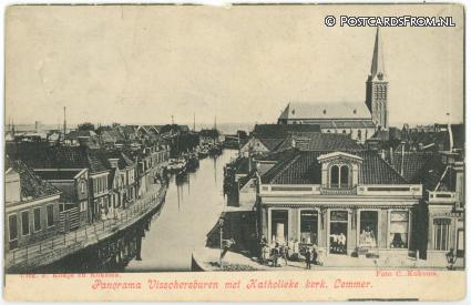 ansichtkaart: Lemmer, Panorama Visschersburen met Katholieke kerk